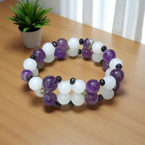 Amethyst & White Agate  Bracelet – Stretchable | Healing & Inner Peace