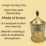A beautifully crafted Brass Akhand Jyot with Borosilicate Glass, designed to burn desi ghee smoothly and safely, symbolizing spirituality and purity.