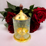 A beautifully crafted Brass Akhand Jyot with Borosilicate Glass, designed to burn desi ghee smoothly and safely, symbolizing spirituality and purity.
