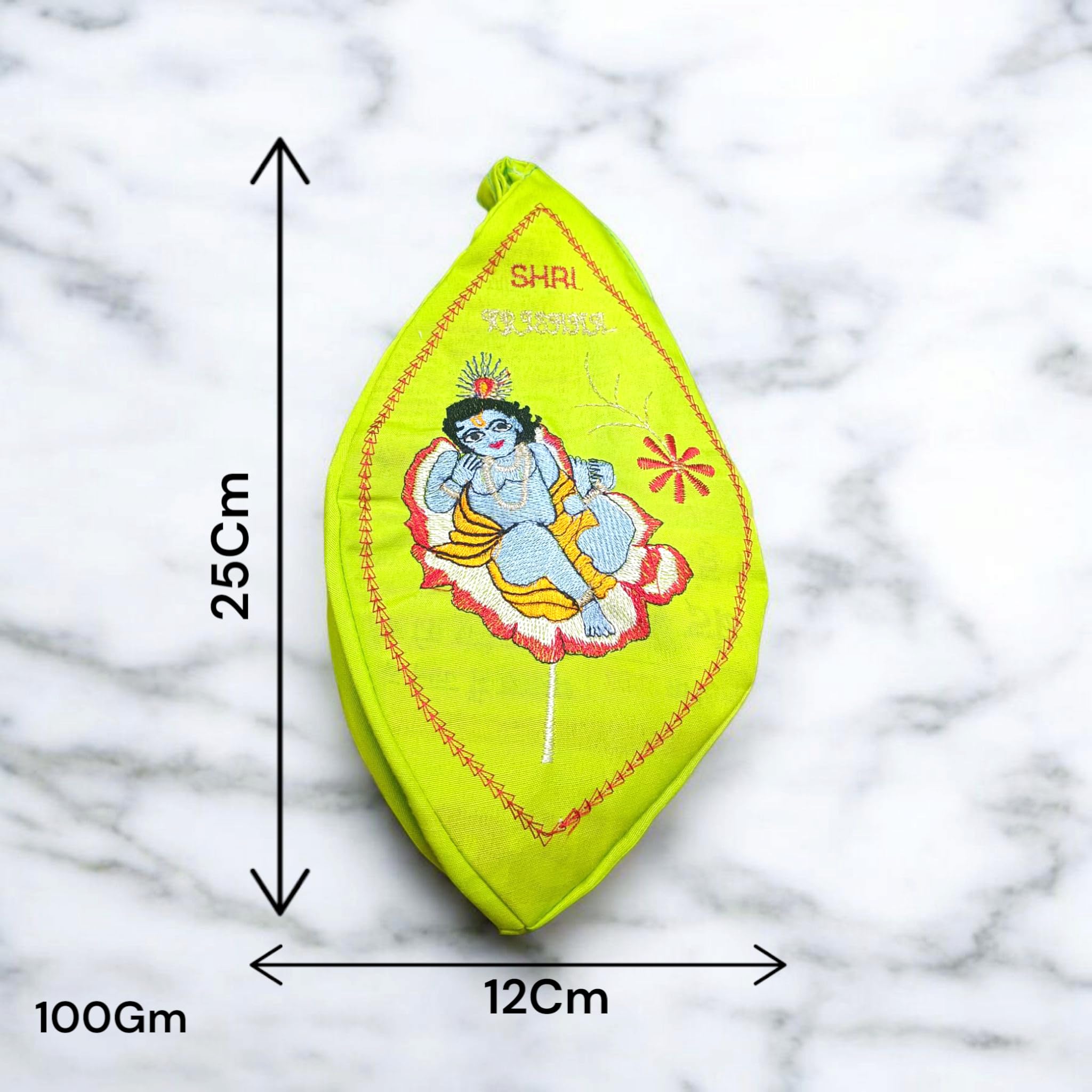 A beautifully crafted Laddu Gopal Gaumukhi Bag designed for storing Jaap Mala and other devotional items. The bag features a spiritual Gaumukhi design and is made from durable, high-quality fabric.