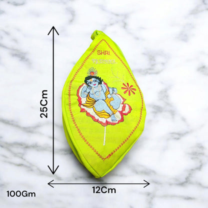 A beautifully crafted Laddu Gopal Gaumukhi Bag designed for storing Jaap Mala and other devotional items. The bag features a spiritual Gaumukhi design and is made from durable, high-quality fabric.