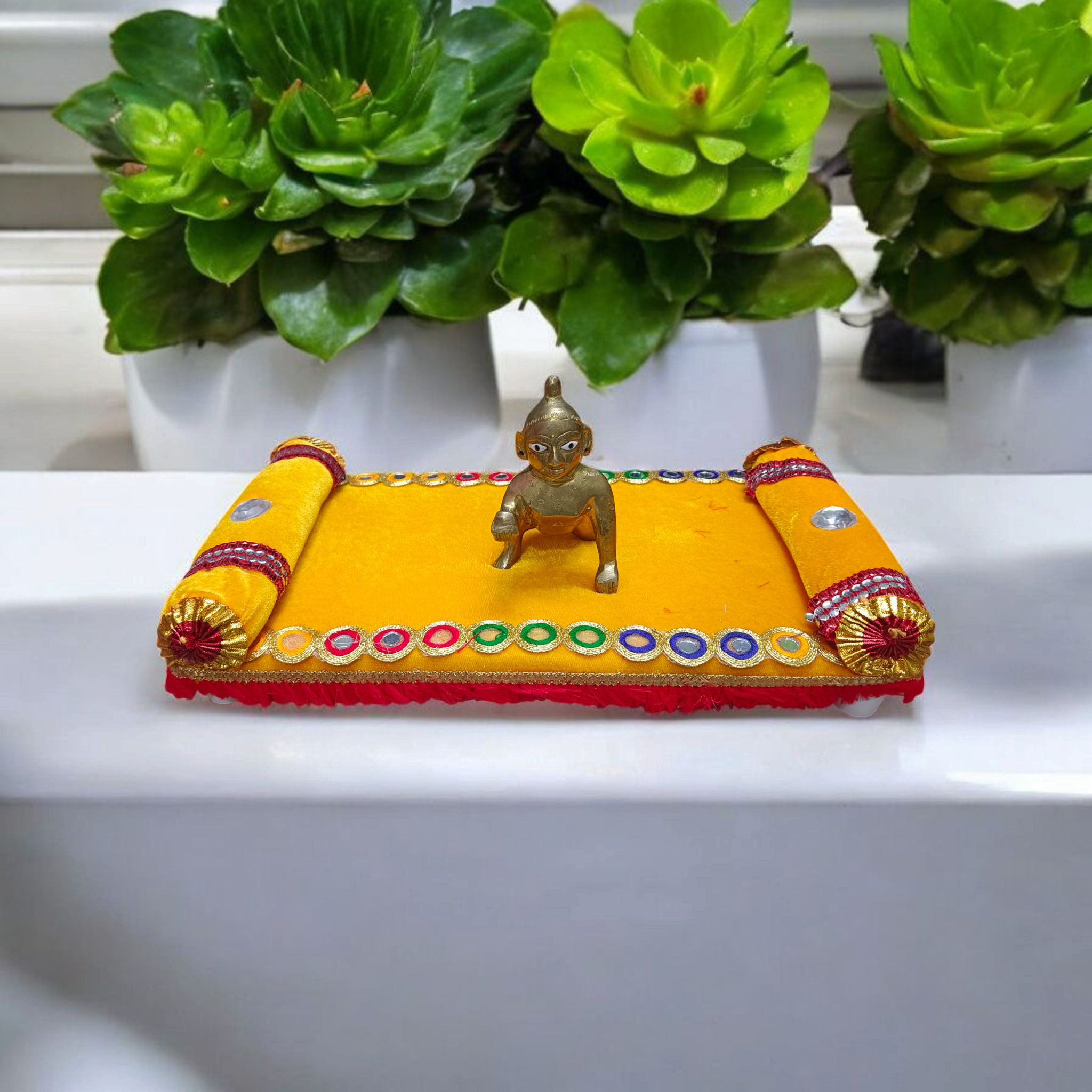 A beautifully crafted Laddu Gopal Singhasan Bed, ideal for Bal Gopal idols, adding a divine touch to your spiritual space.