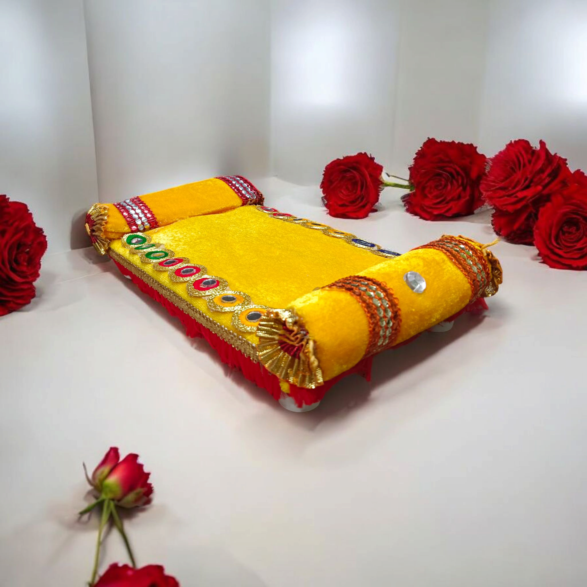 A beautifully crafted Laddu Gopal Singhasan Bed, ideal for Bal Gopal idols, adding a divine touch to your spiritual space.