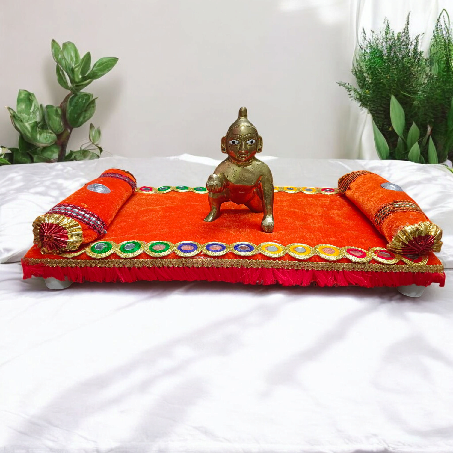 A beautifully crafted Laddu Gopal Singhasan Bed, ideal for Bal Gopal idols, adding a divine touch to your spiritual space.