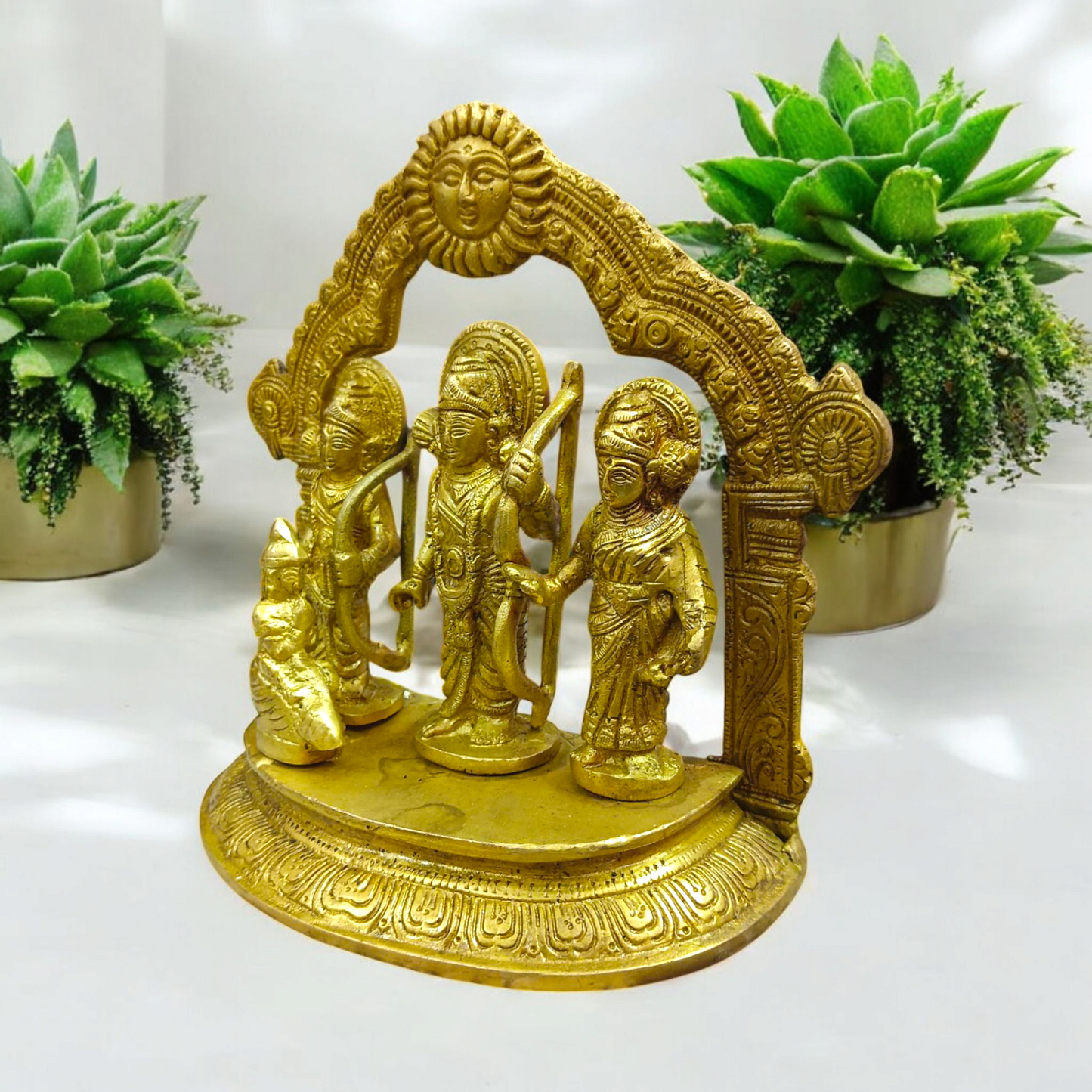 A beautifully crafted brass Ram Darbar idol depicting Lord Ram, Sita, Laxman, and Hanuman Ji, symbolizing devotion, strength, and righteousness.


