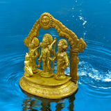 A beautifully crafted brass Ram Darbar idol depicting Lord Ram, Sita, Laxman, and Hanuman Ji, symbolizing devotion, strength, and righteousness.

