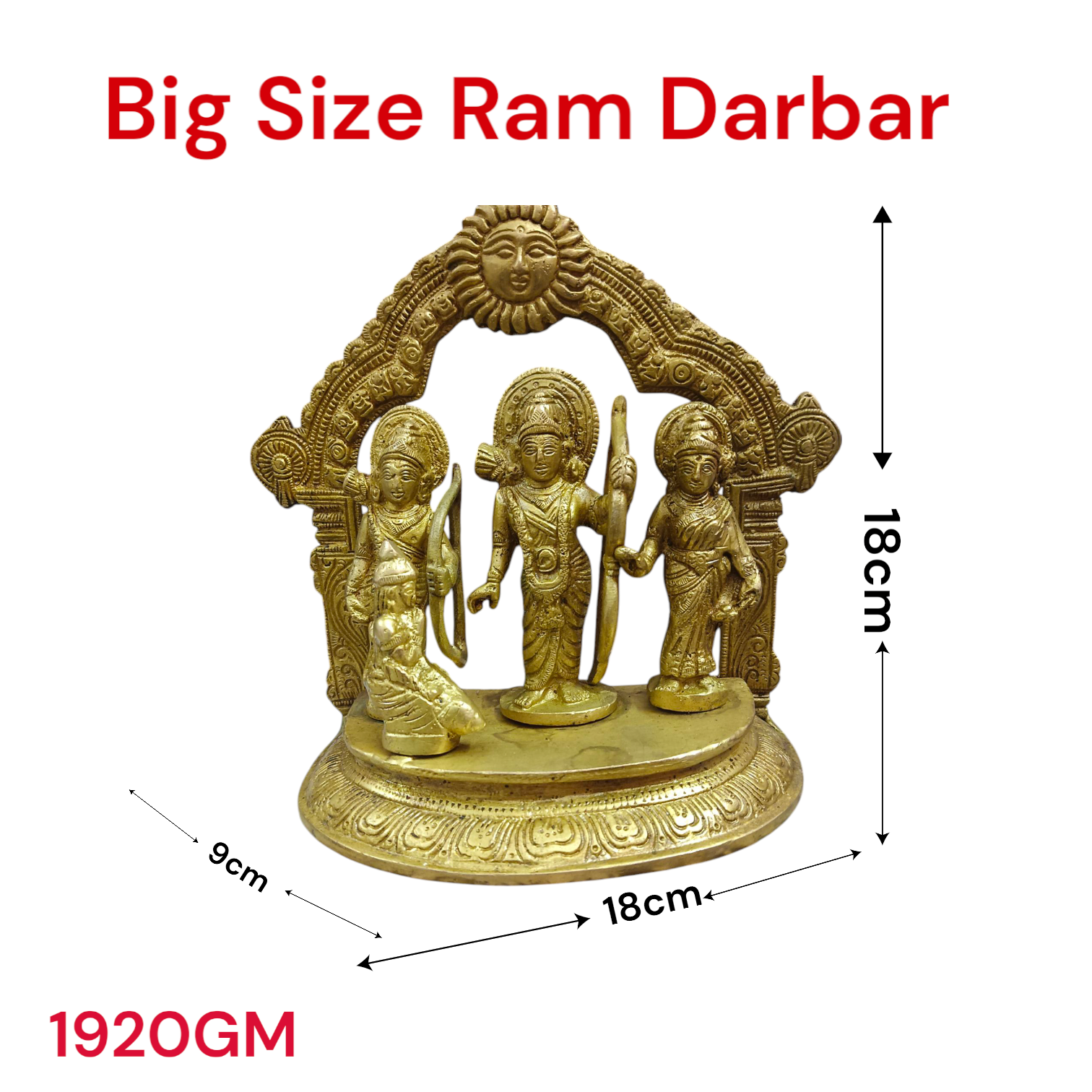 A beautifully crafted brass Ram Darbar idol depicting Lord Ram, Sita, Laxman, and Hanuman Ji, symbolizing devotion, strength, and righteousness.

