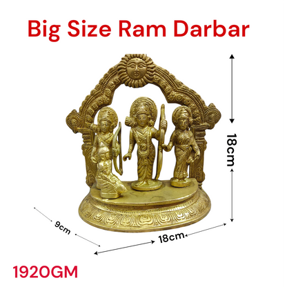 A beautifully crafted brass Ram Darbar idol depicting Lord Ram, Sita, Laxman, and Hanuman Ji, symbolizing devotion, strength, and righteousness.

