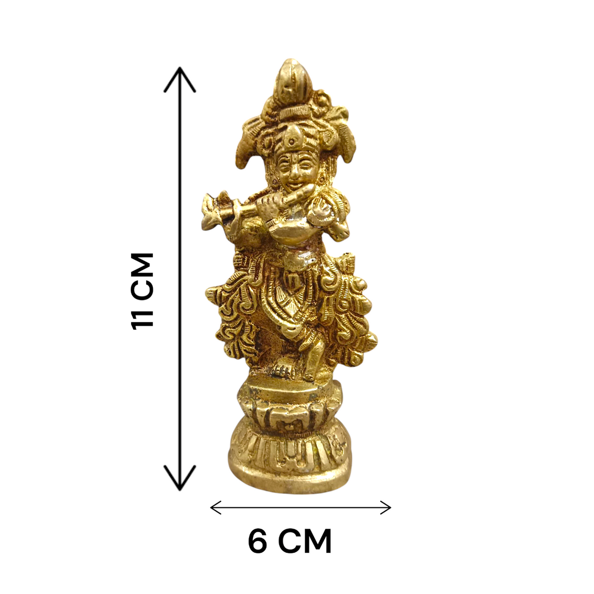 A beautifully crafted brass idol of Lord Krishna, depicting him playing the flute, perfect for worship and home decoration.