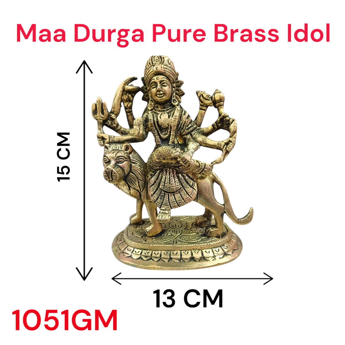 A beautifully crafted brass idol of Maa Durga, also known as Maa Sherawali, symbolizing strength, protection, and divine energy.