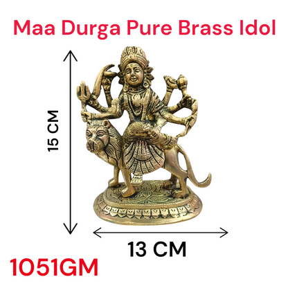A beautifully crafted brass idol of Maa Durga, also known as Maa Sherawali, symbolizing strength, protection, and divine energy.