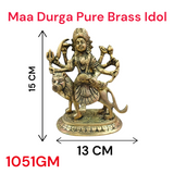A beautifully crafted brass idol of Maa Durga, also known as Maa Sherawali, symbolizing strength, protection, and divine energy.