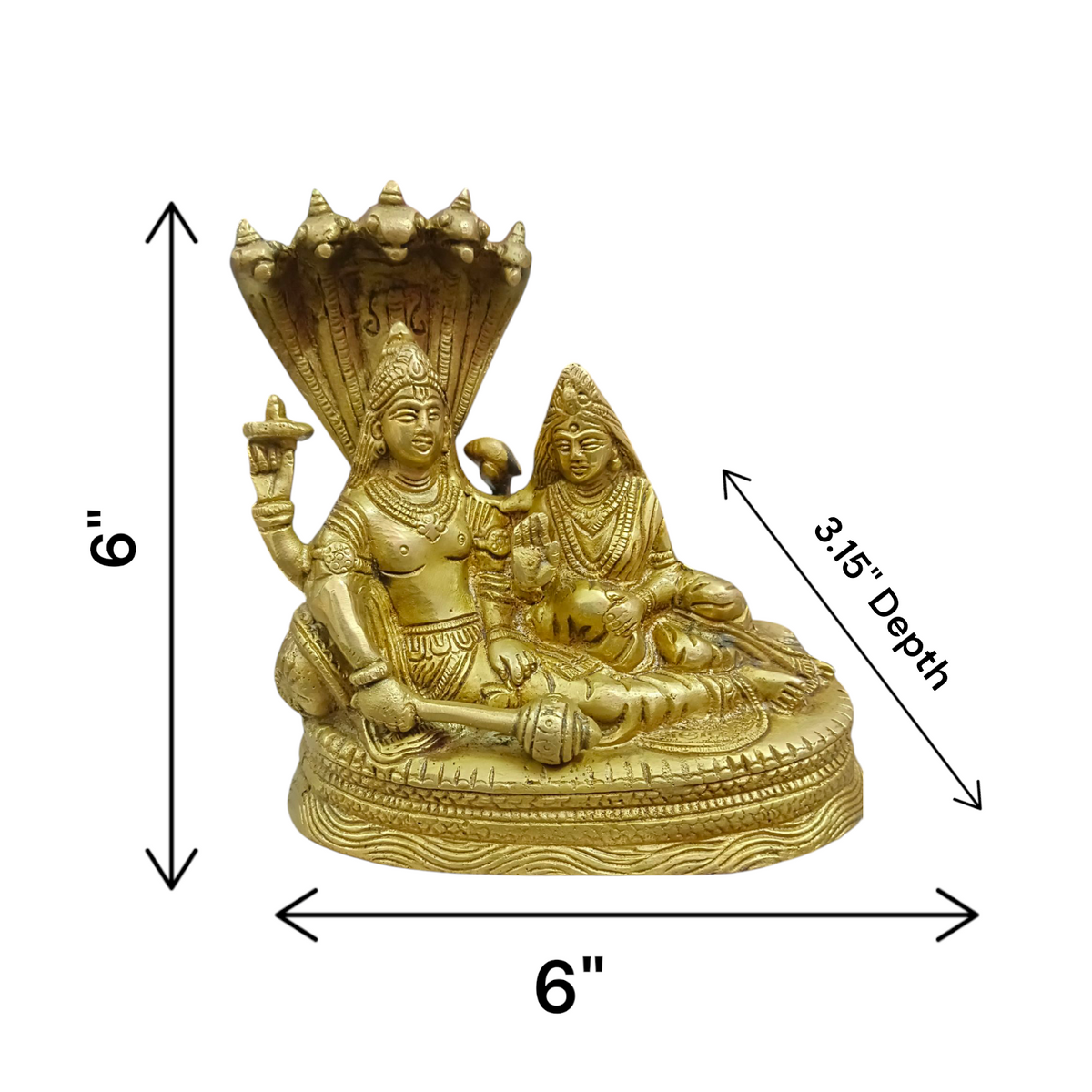A beautifully crafted brass statue of Lord Lakshmi Narayan resting upon the Shesha Naag, symbolizing wealth, protection, and divine blessings.