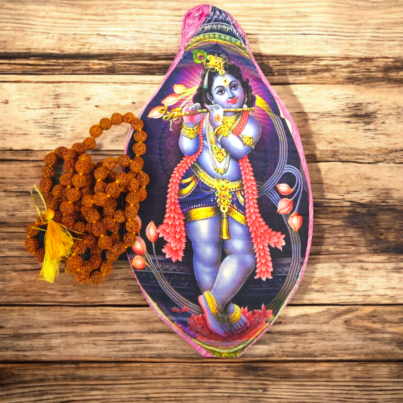 A beautifully designed Laddu Gopal Gomukhi Bag, crafted from soft cotton, perfect for storing Japa Mala and other sacred devotional items. Features a spiritual Gomukhi design for added significance.