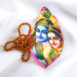A beautifully designed Radha Krishna Gomukhi Bag made from premium cotton, perfect for storing Japa Mala beads during meditation or religious practices.