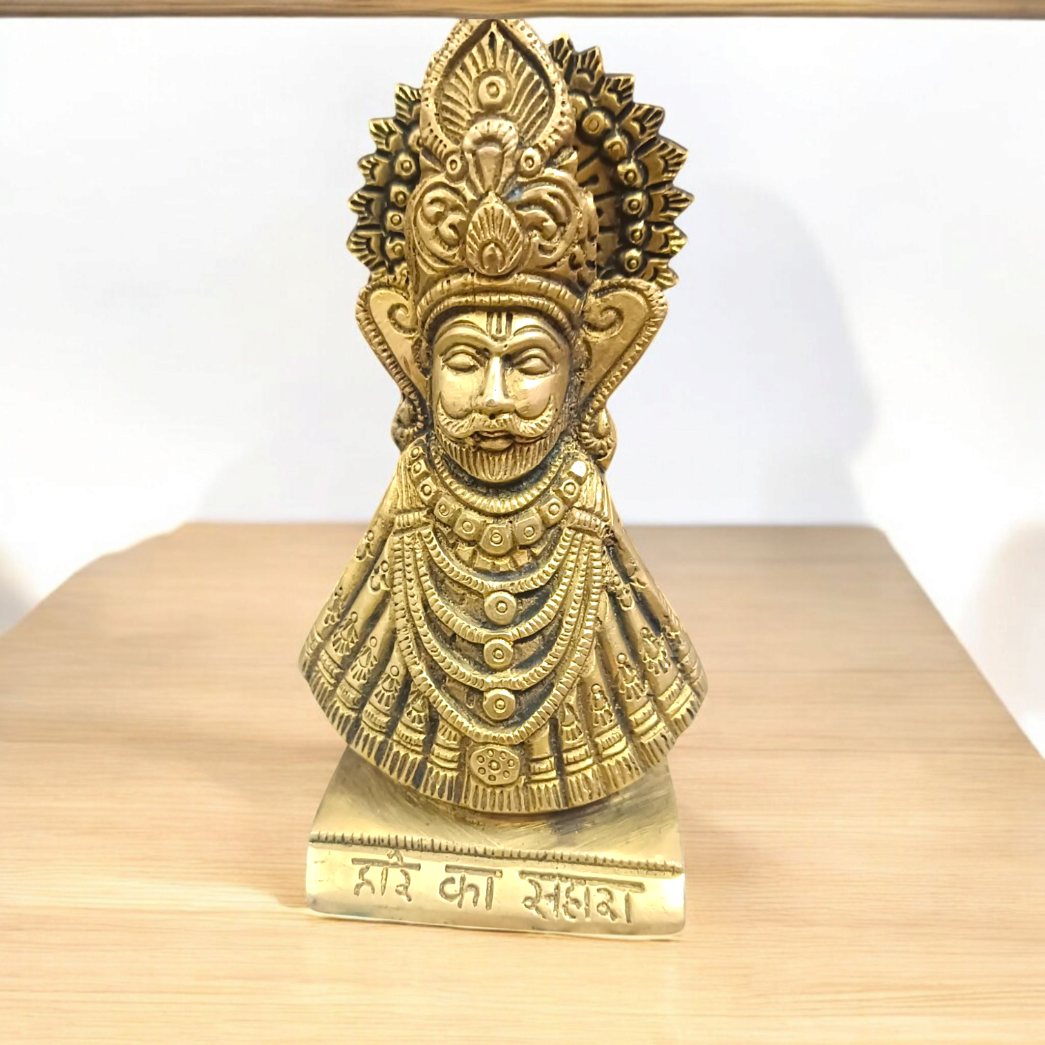 A beautifully handcrafted 4-inch Khatu Shyam Ji brass murti, ideal for worship, bringing prosperity, protection, and divine blessings into the home.