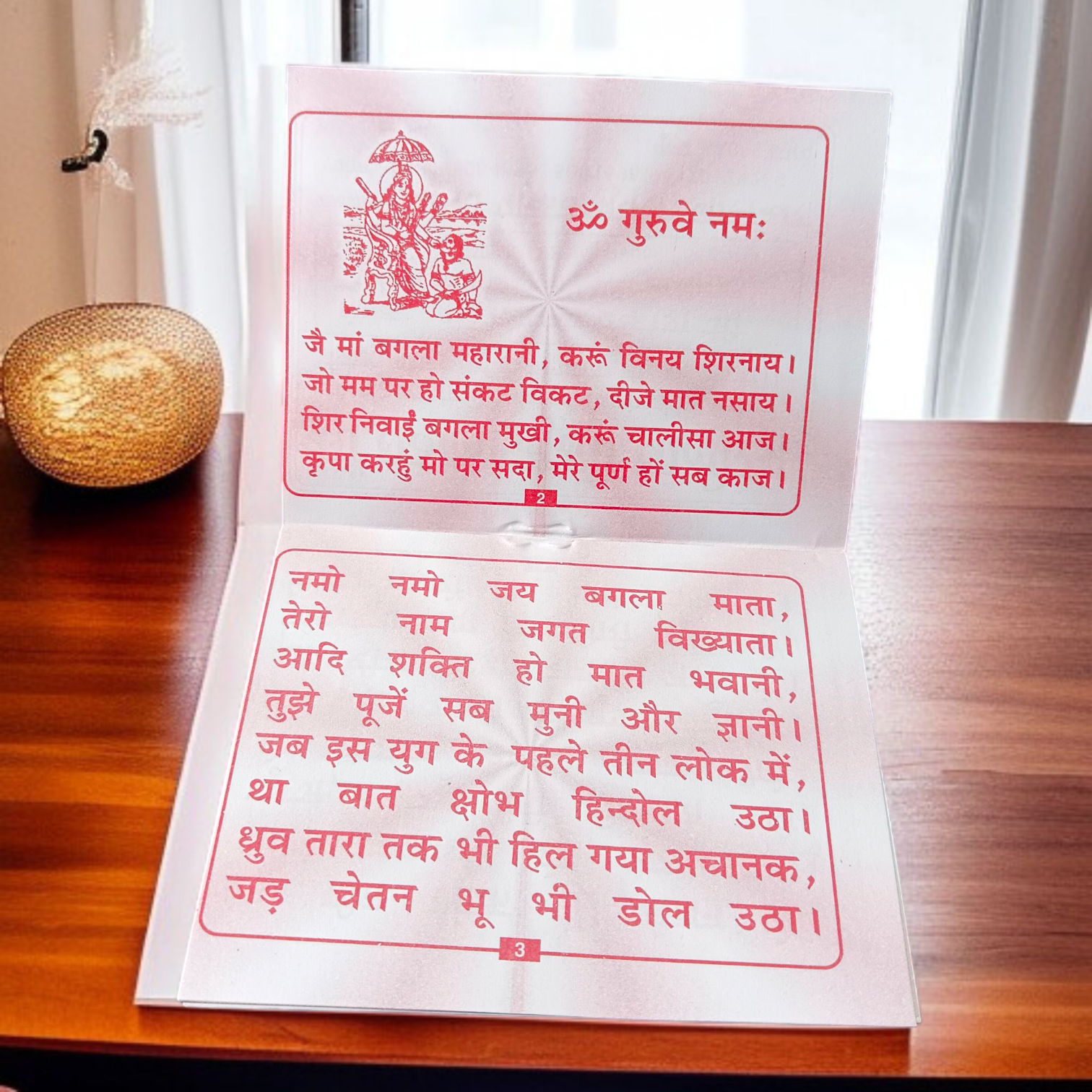 A book titled "Baglamukhi Chalisa" in Hindi with a picture of Maa Baglamukhi’s idol, placed on a divine altar with flowers and incense.