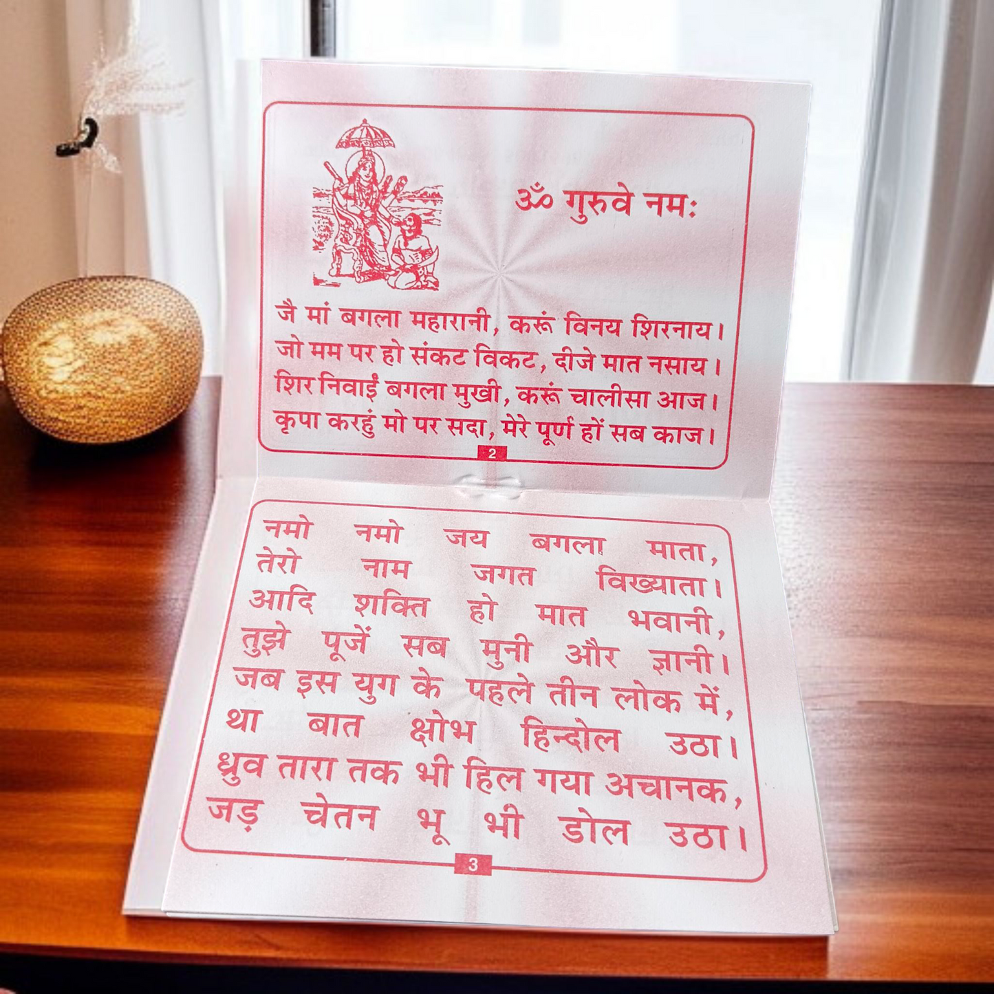 A book titled "Baglamukhi Chalisa" in Hindi with a picture of Maa Baglamukhi’s idol, placed on a divine altar with flowers and incense.