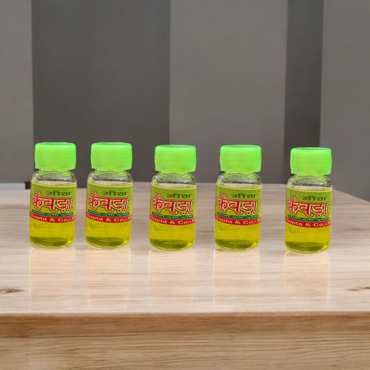 A bottle of Kewra Attar (4ML), alcohol-free, ideal for worship and spiritual practices, with a floral fragrance