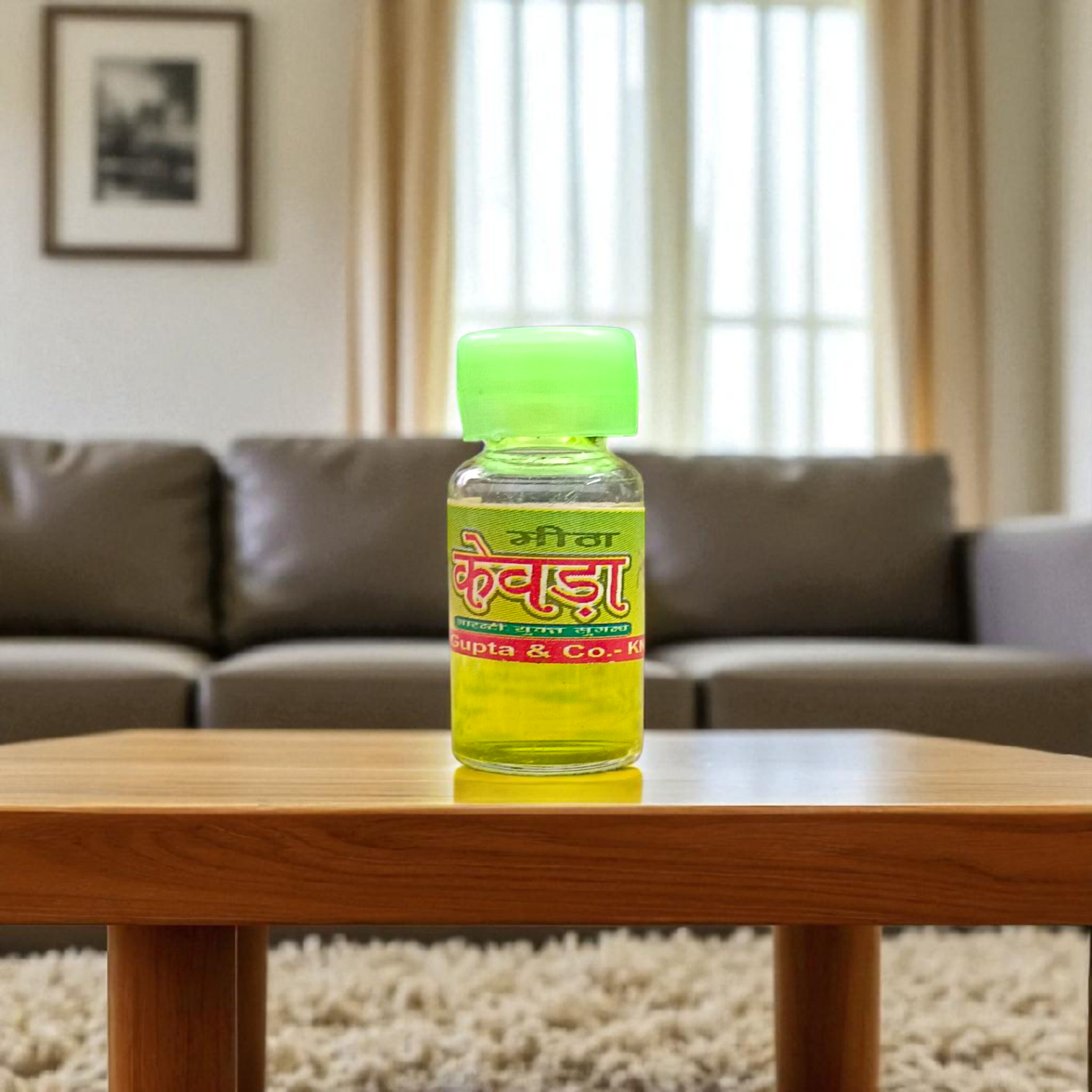 A bottle of Kewra Attar (4ML), alcohol-free, ideal for worship and spiritual practices, with a floral fragrance