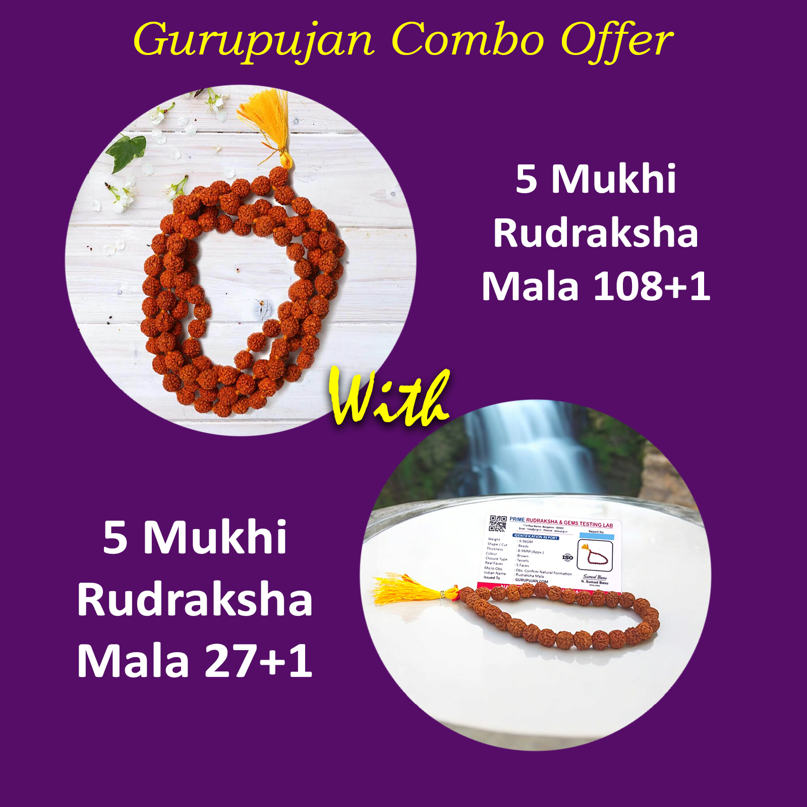 A combo set of lab-certified Rudraksha Malas featuring a 108+1 beads mala for meditation and a 27+1 beads jaap mala for spiritual practices.
