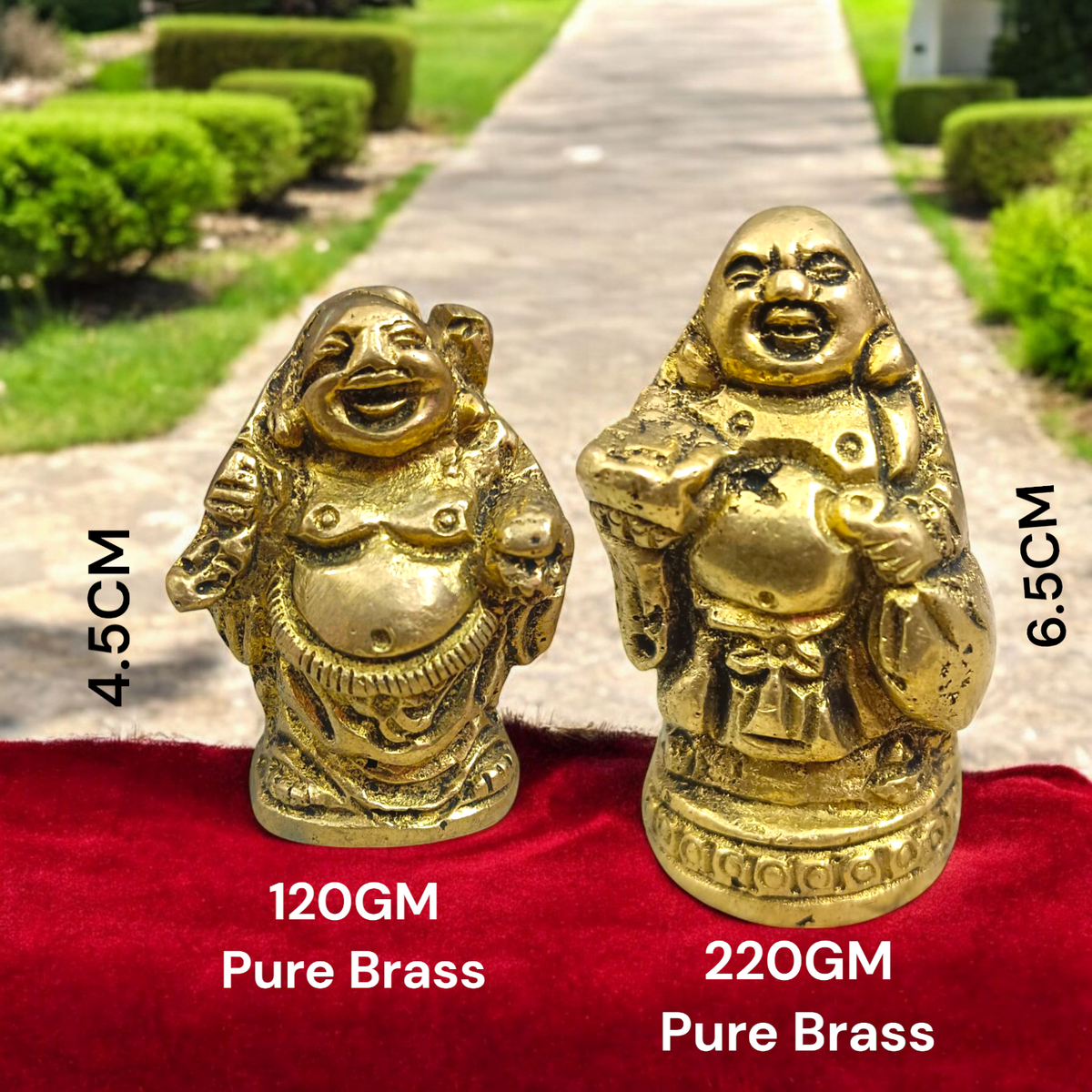 A detailed and polished brass statue of the Laughing Buddha in a standing pose, symbolizing good luck, prosperity, and happiness.