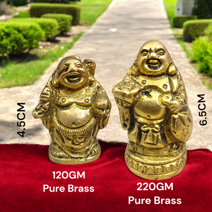 A detailed and polished brass statue of the Laughing Buddha in a standing pose, symbolizing good luck, prosperity, and happiness.
