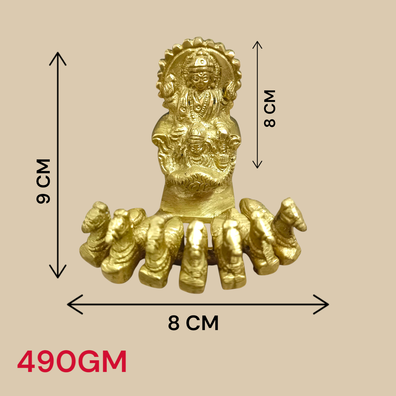 A detailed brass statue of Lord Surya riding a chariot, symbolizing vitality, health, and prosperity, crafted with intricate features and a polished finish.
