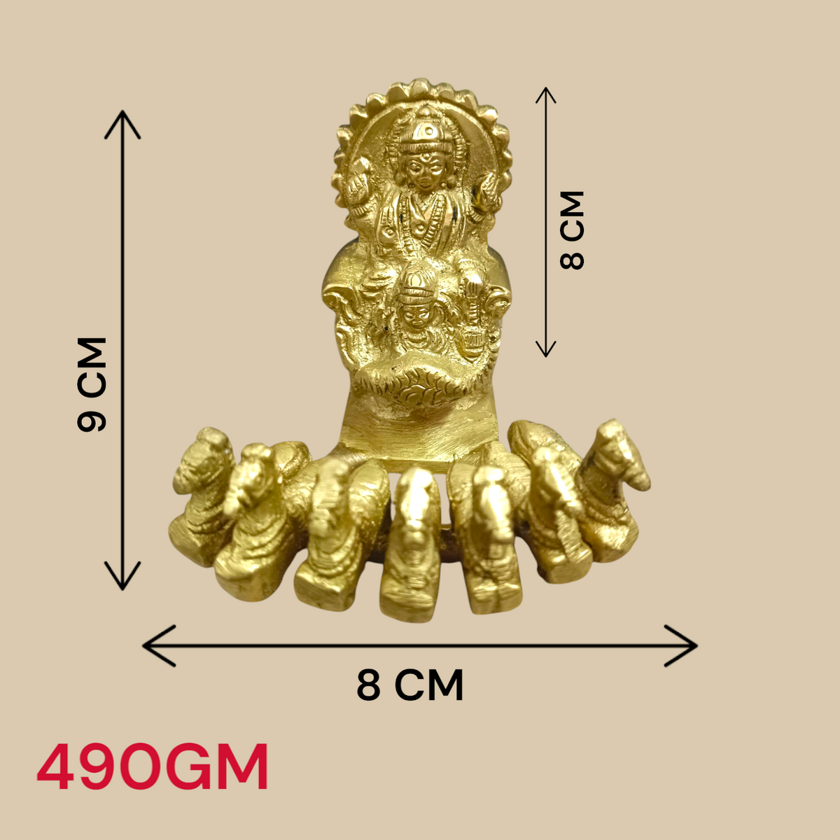 A detailed brass statue of Lord Surya riding a chariot, symbolizing vitality, health, and prosperity, crafted with intricate features and a polished finish.