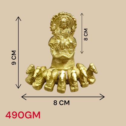 A detailed brass statue of Lord Surya riding a chariot, symbolizing vitality, health, and prosperity, crafted with intricate features and a polished finish.