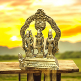 A detailed image of the Ram Darbar in Brass, featuring Lord Ram, Sita, Lakshman, and Hanuman, crafted with intricate brass detailing