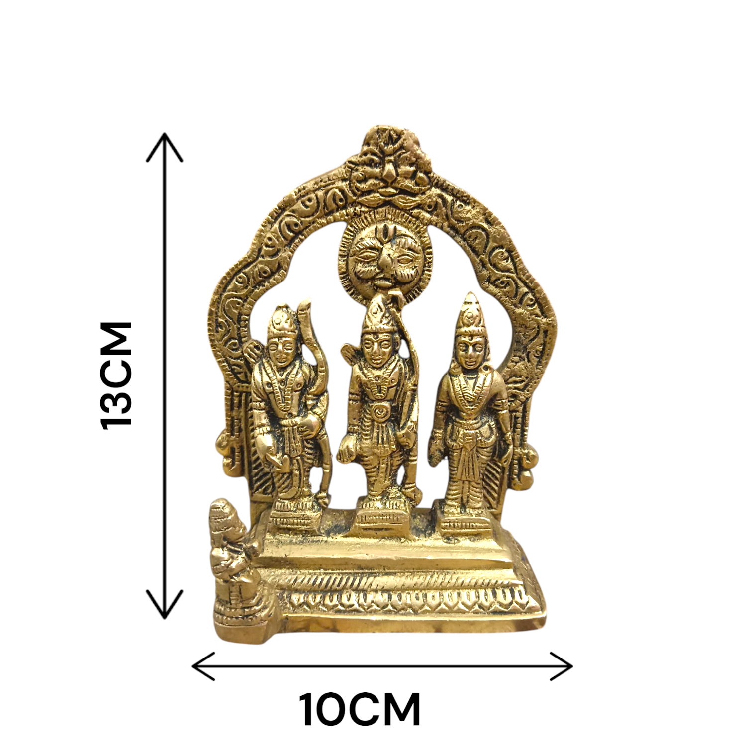 A detailed image of the Ram Darbar in Brass, featuring Lord Ram, Sita, Lakshman, and Hanuman, crafted with intricate brass detailing