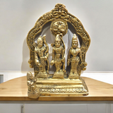 A detailed image of the Ram Darbar in Brass, featuring Lord Ram, Sita, Lakshman, and Hanuman, crafted with intricate brass detailing