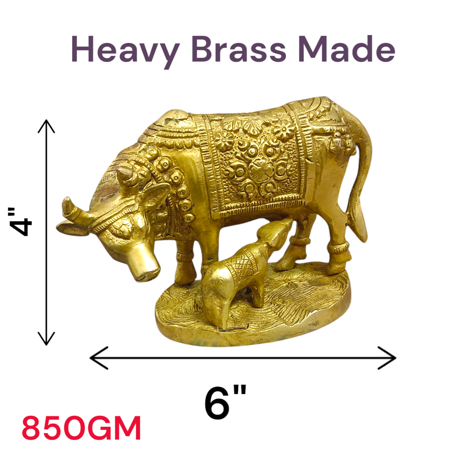 A divine Kamdhenu Cow with Her Child Brass Murti, perfect for worship and pooja, symbolizing prosperity, abundance, and blessings.