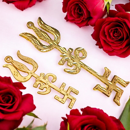 A gold-plated Trishakti wall hanging, designed to invoke protection, prosperity, and spiritual growth in your home or office