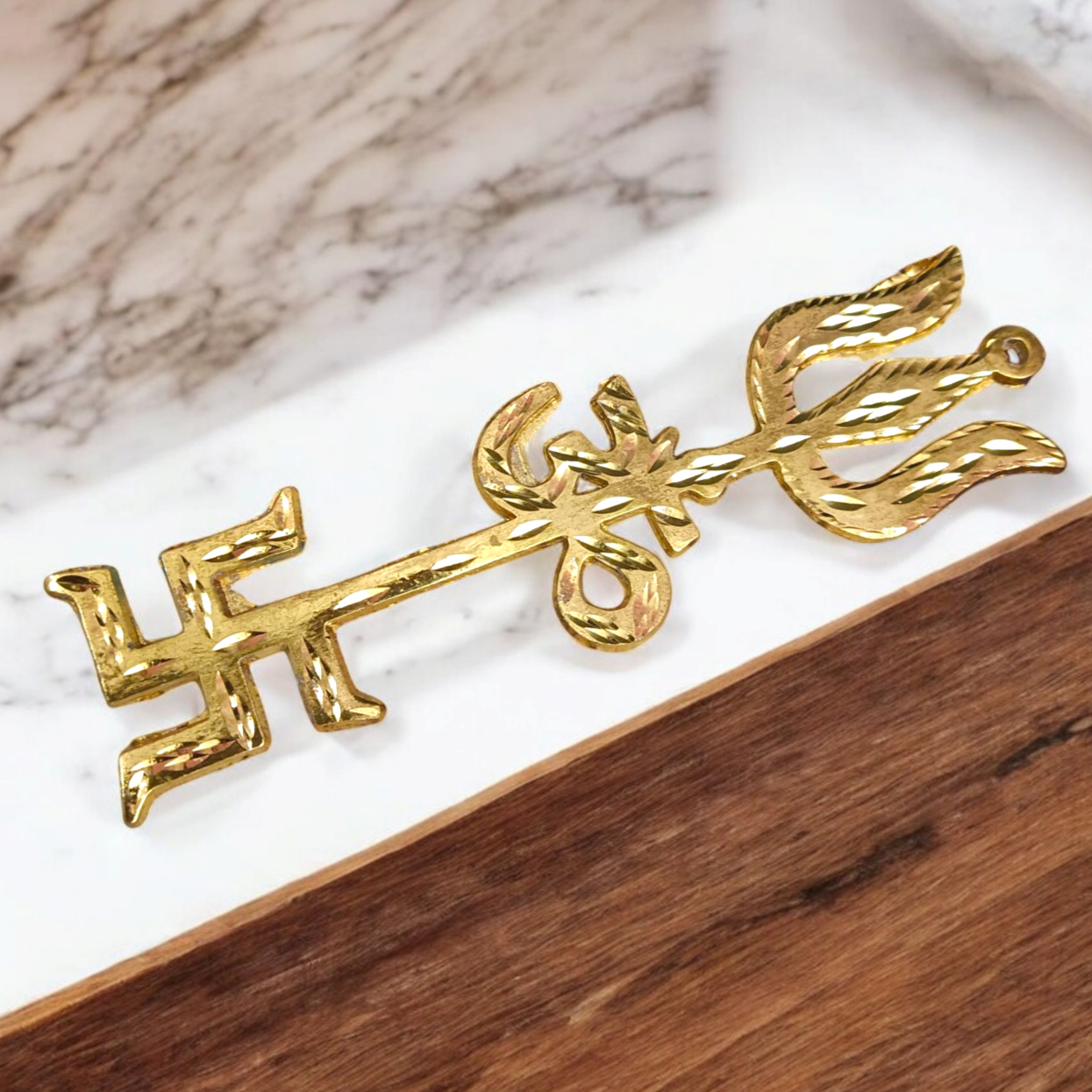 A gold-plated Trishakti wall hanging, designed to invoke protection, prosperity, and spiritual growth in your home or office