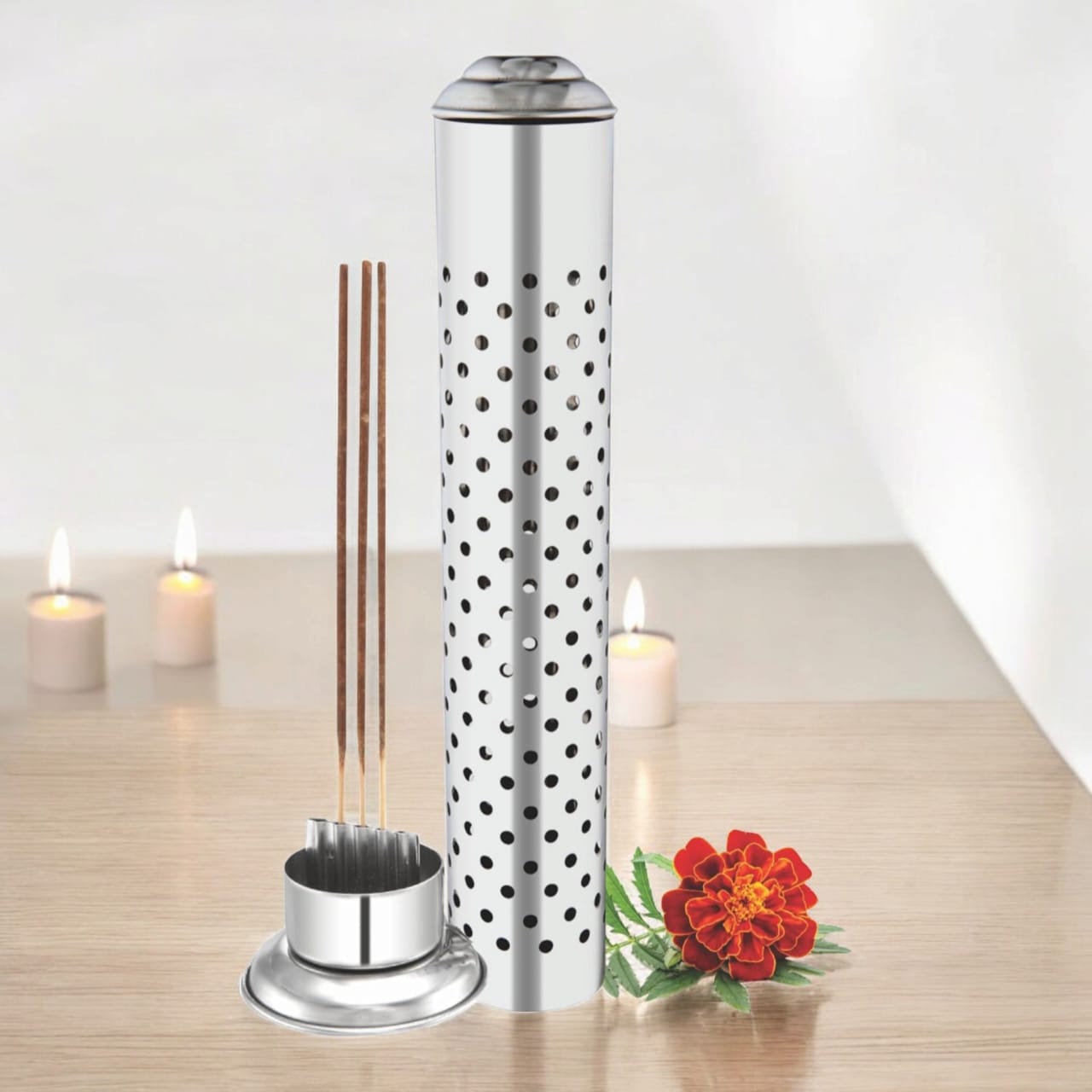 A high-quality Agarbatti stand with an ash catcher, holding incense sticks securely in place with a soothing aroma from the included Agarbatti.