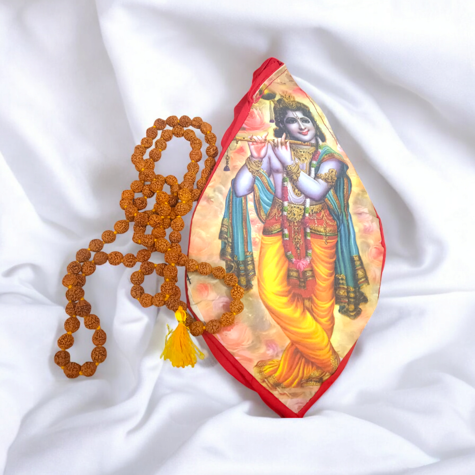 A high-quality image of a Gomukhi Bag featuring an elegant Krishna Ji photo print, ideal for carrying mantra japa beads.