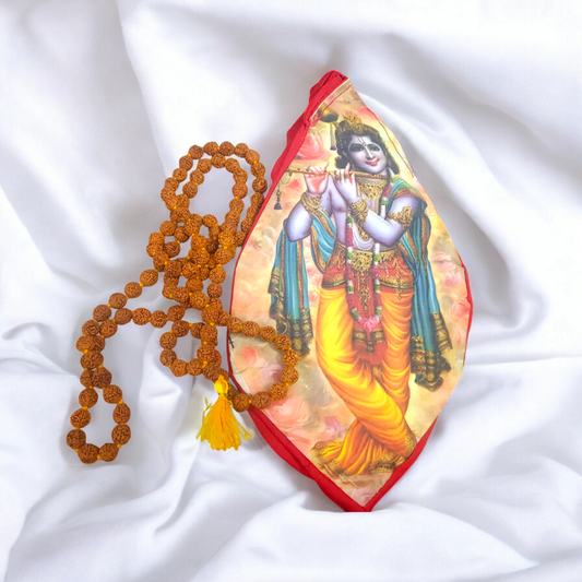 A high-quality image of a Gomukhi Bag featuring an elegant Krishna Ji photo print, ideal for carrying mantra japa beads.