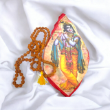 A high-quality image of a Gomukhi Bag featuring an elegant Krishna Ji photo print, ideal for carrying mantra japa beads.