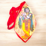 A high-quality image of a Gomukhi Bag featuring an elegant Krishna Ji photo print, ideal for carrying mantra japa beads.