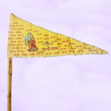 A high-quality image showcasing the Large Jai Shri Shyam Flag, featuring Radha Krishna symbols in a vibrant yellow color, ideal for temples and religious occasions.