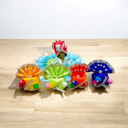 A multicolor pack of Laddu Gopal Pagdis, designed for size 6 No. Krishna idols, perfect for enhancing the look of your Bal Gopal idol during daily worship and festive occasions.