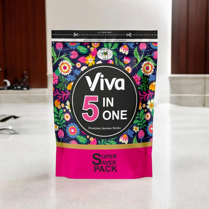 A pack of Viva 5 in One Premium Incense Sticks, offering five unique fragrances designed for meditation, spiritual practices, and creating a soothing environment at home or office