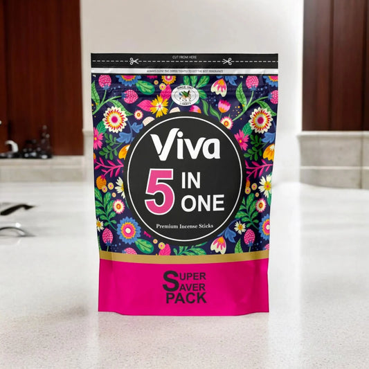 A pack of Viva 5 in One Premium Incense Sticks, offering five unique fragrances designed for meditation, spiritual practices, and creating a soothing environment at home or office