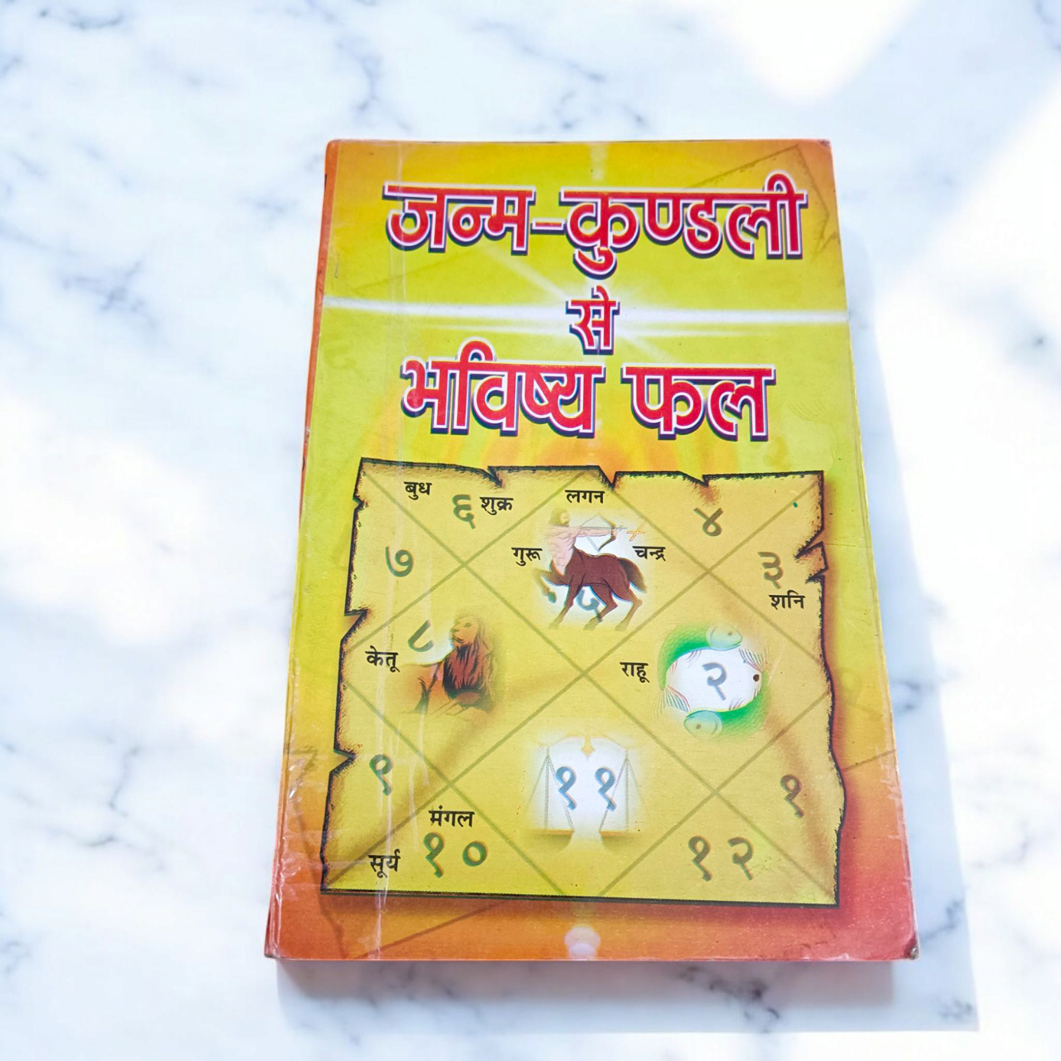 A peaceful setting with the Janam Kundali Se Bhavishye Fal book on a table, surrounded by astrological symbols, indicating the study and practice of astrology for future predictions.
