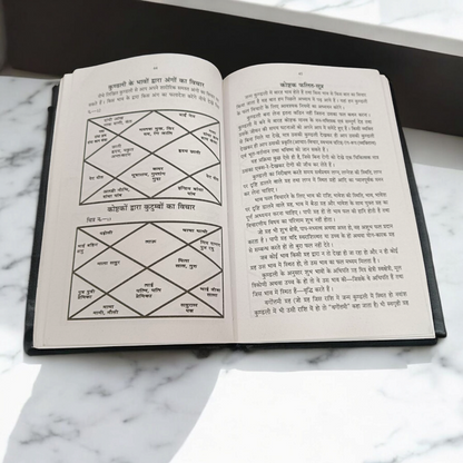 A peaceful setting with the Janam Kundali Se Bhavishye Fal book on a table, surrounded by astrological symbols, indicating the study and practice of astrology for future predictions.