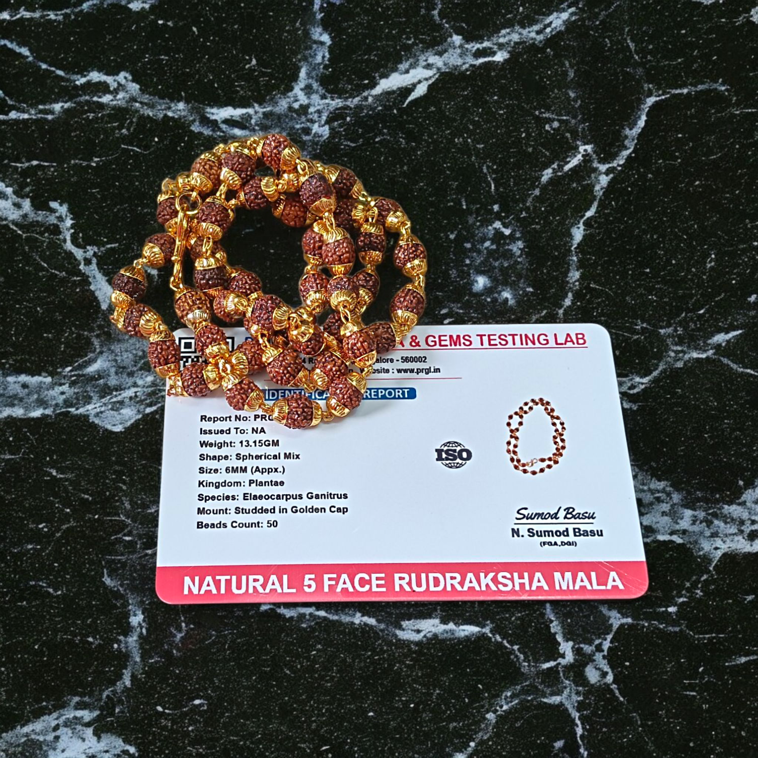 A premium Natural 5 Face Rudraksha Mala with 50 lab-certified 6mm Rudraksha beads, golden caps, and a 1-year golden plating guarantee, symbolizing peace and divine energy