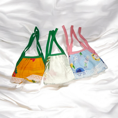 A set of 3 Laddu Gopal Jhabla dresses designed for 2-3 No. size Laddu Gopal idols, made from soft cotton fabric.