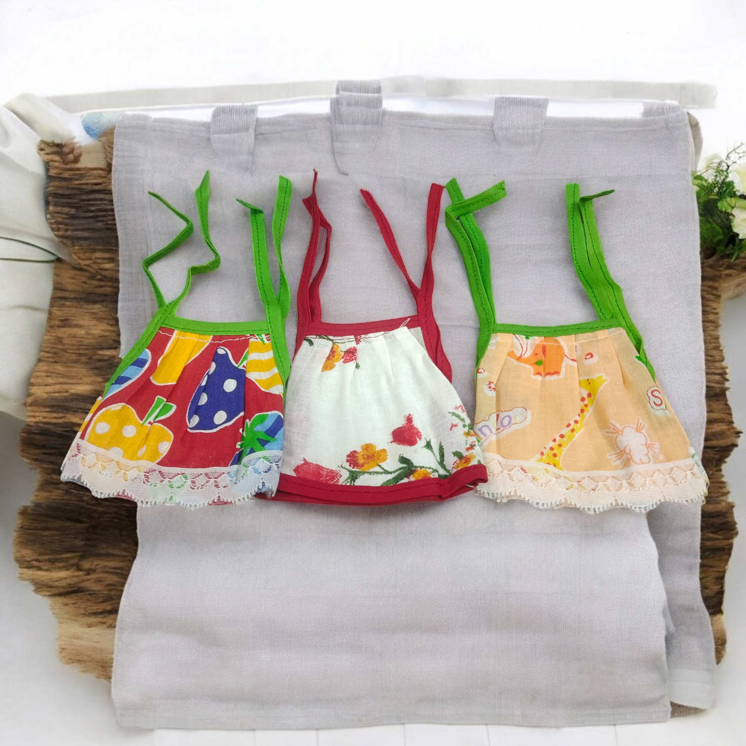 A set of 3 Laddu Gopal Jhabla dresses designed for 2-3 No. size Laddu Gopal idols, made from soft cotton fabric